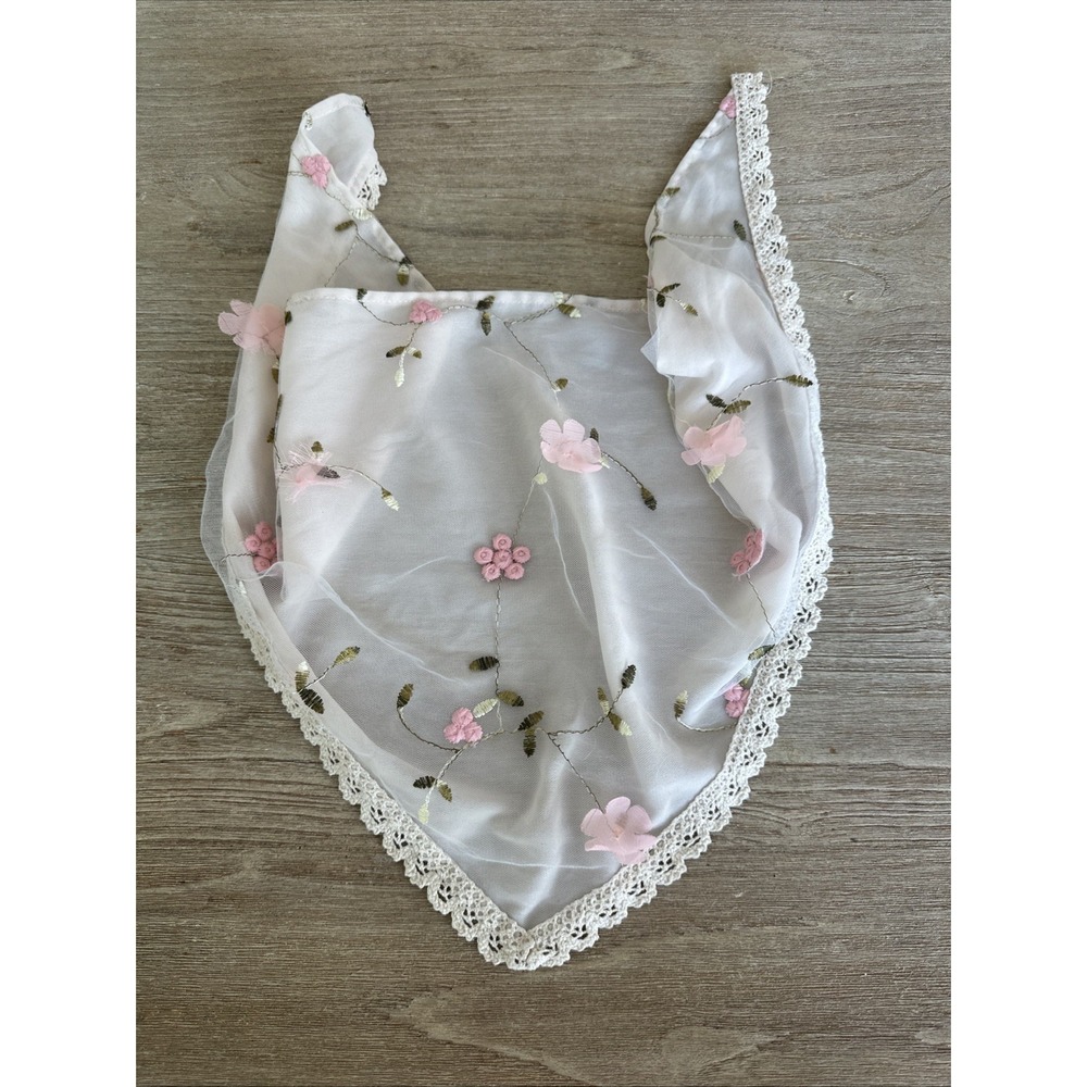 60s 70s Style White Lace Kerchief Head Scarf Appliqué Cottagecore Hippie READ